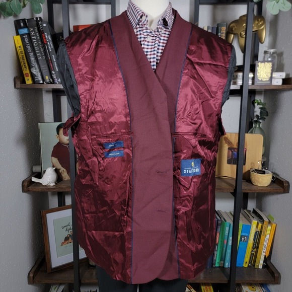 Stafford Men's Hopsack Blazer Two Silver Button Burgundy Wool Blend Classic 44R - Picture 11 of 13